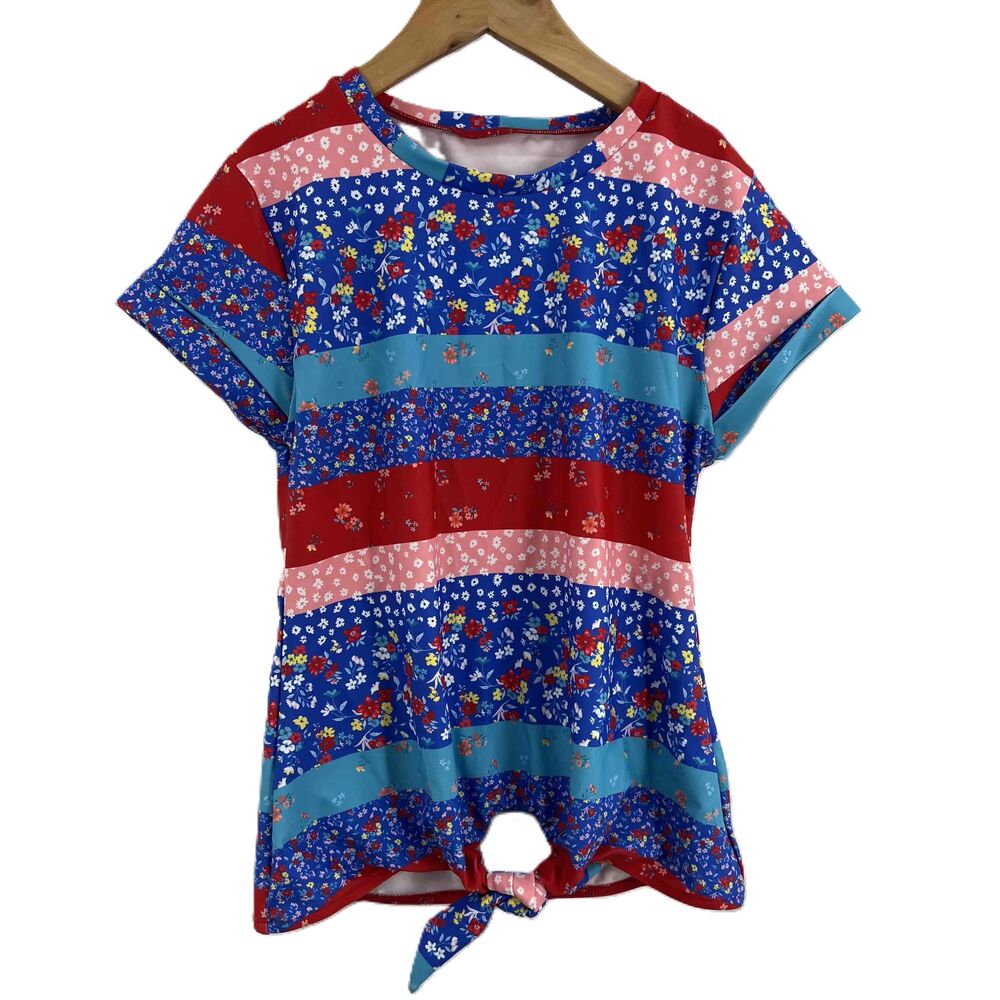 SEAFOLLY Red Blue‎ Floral Sun Protection Tie Front T-Shirt Kids Size 12